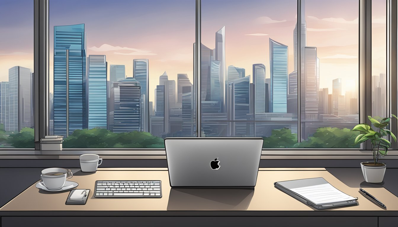 A sleek office desk with a laptop, pen, and paper. A Singapore cityscape in the background. The company logo displayed prominently