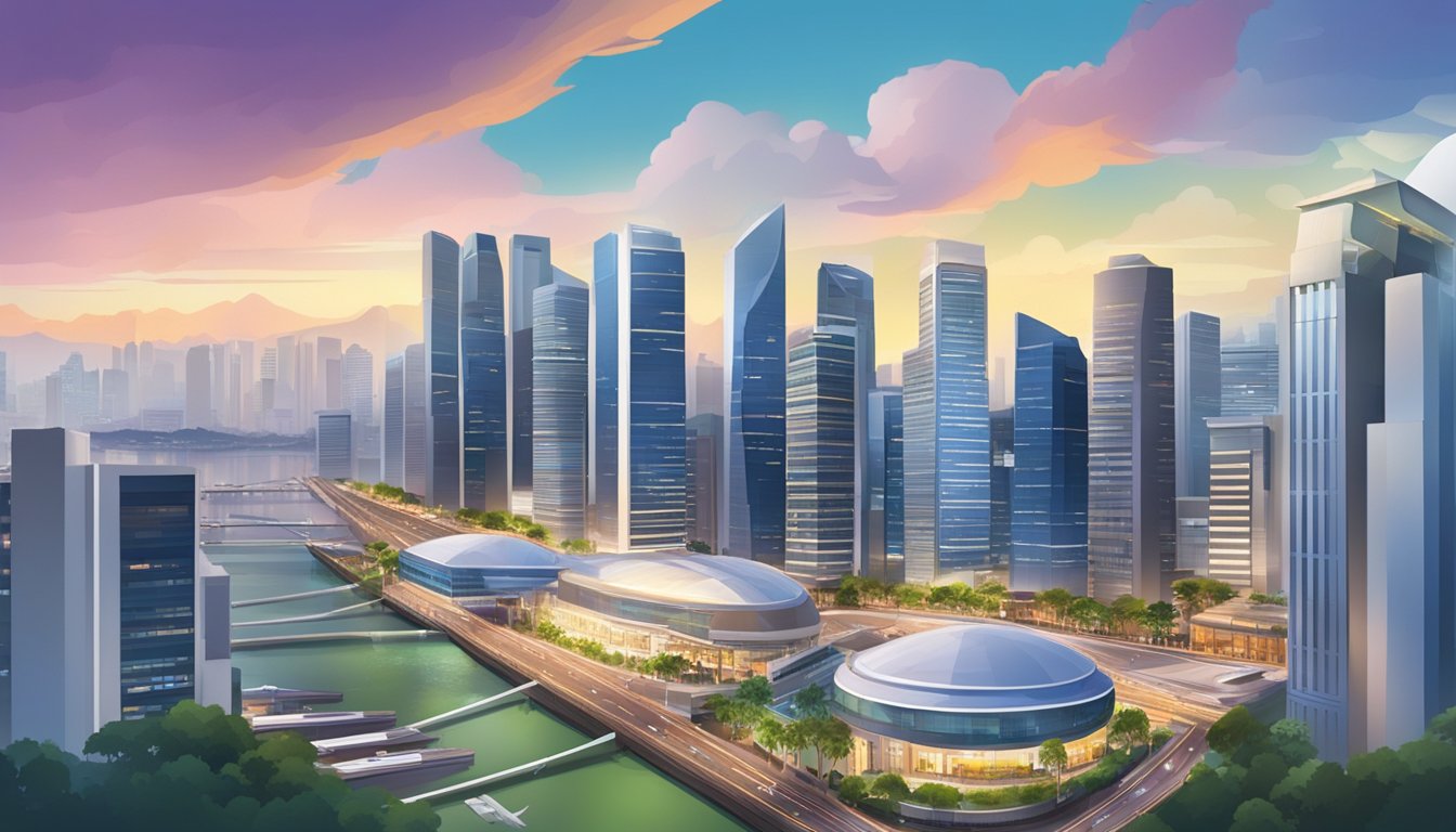 A bustling Singapore cityscape with modern skyscrapers and a vibrant business district, showcasing the dynamic and thriving economy of the country