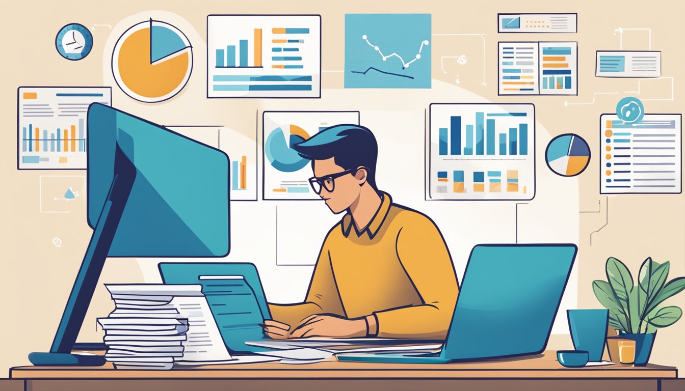 A person sits at a desk, surrounded by paperwork and a laptop. They are comparing loan offers from different companies, with charts and graphs spread out in front of them