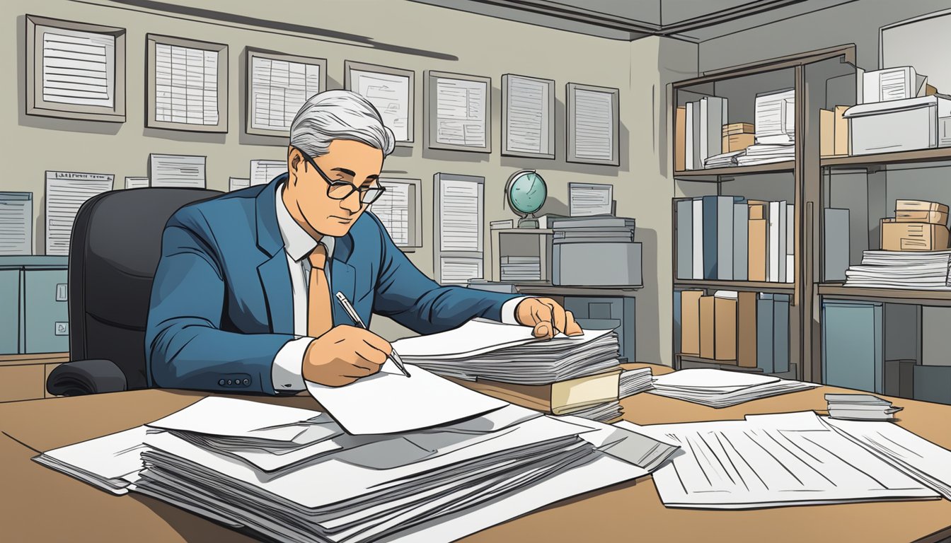 A businessman sits at a desk, filling out paperwork. A sign on the wall reads "Wee Investments Pte Ltd." Papers are stacked neatly on the desk, and a pen is poised over a document