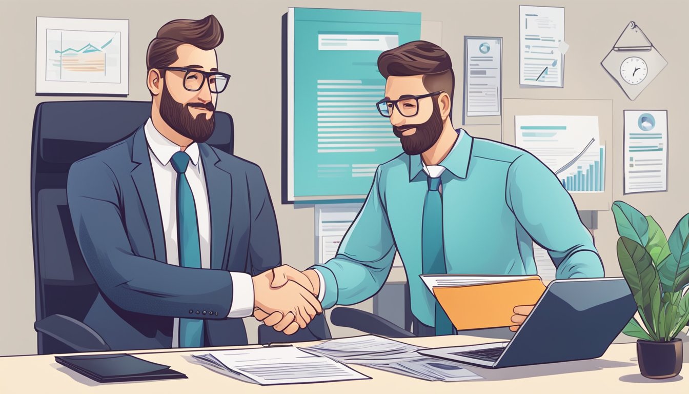 A business owner sits at a desk, surrounded by financial documents and a laptop. A bank representative presents a loan offer with a handshake