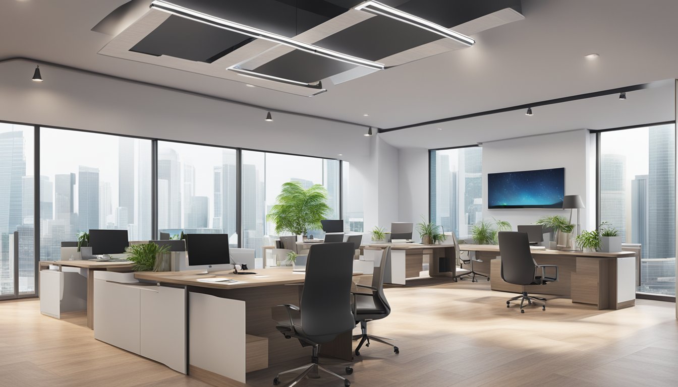 A modern office with the Wee Investments Pte Ltd logo prominently displayed, surrounded by professional business documents and a sleek, sophisticated atmosphere