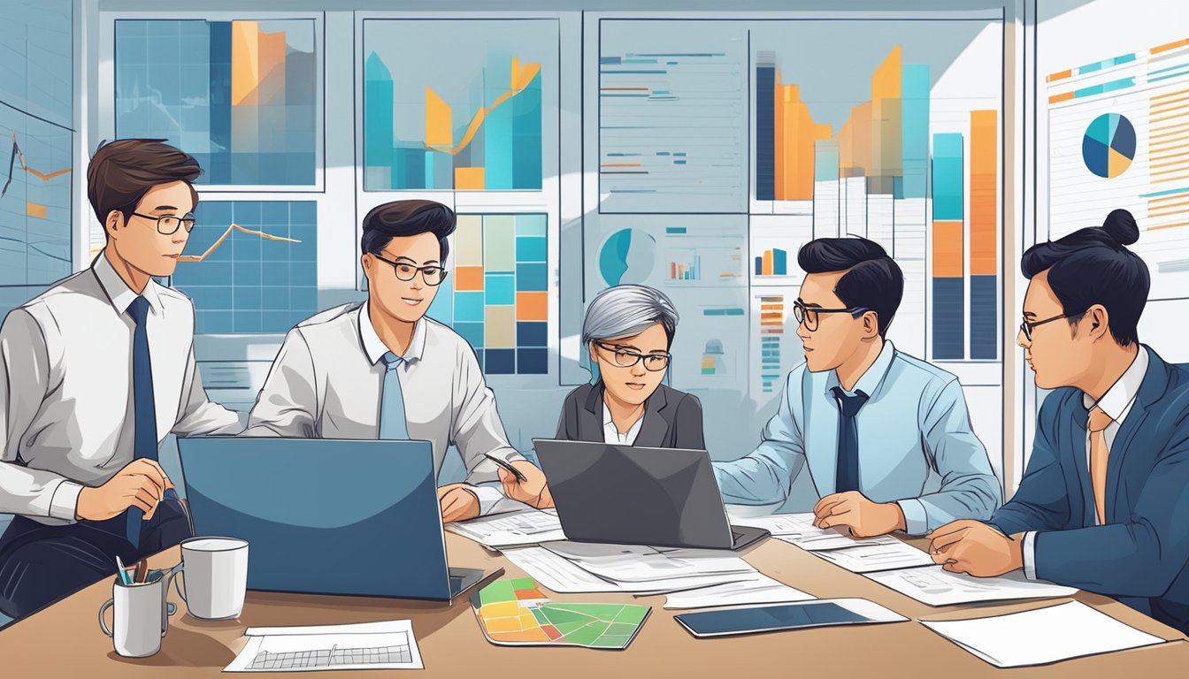 A group of business professionals analyzing and comparing data charts and graphs of Wee Investments Pte Ltd with its competitors