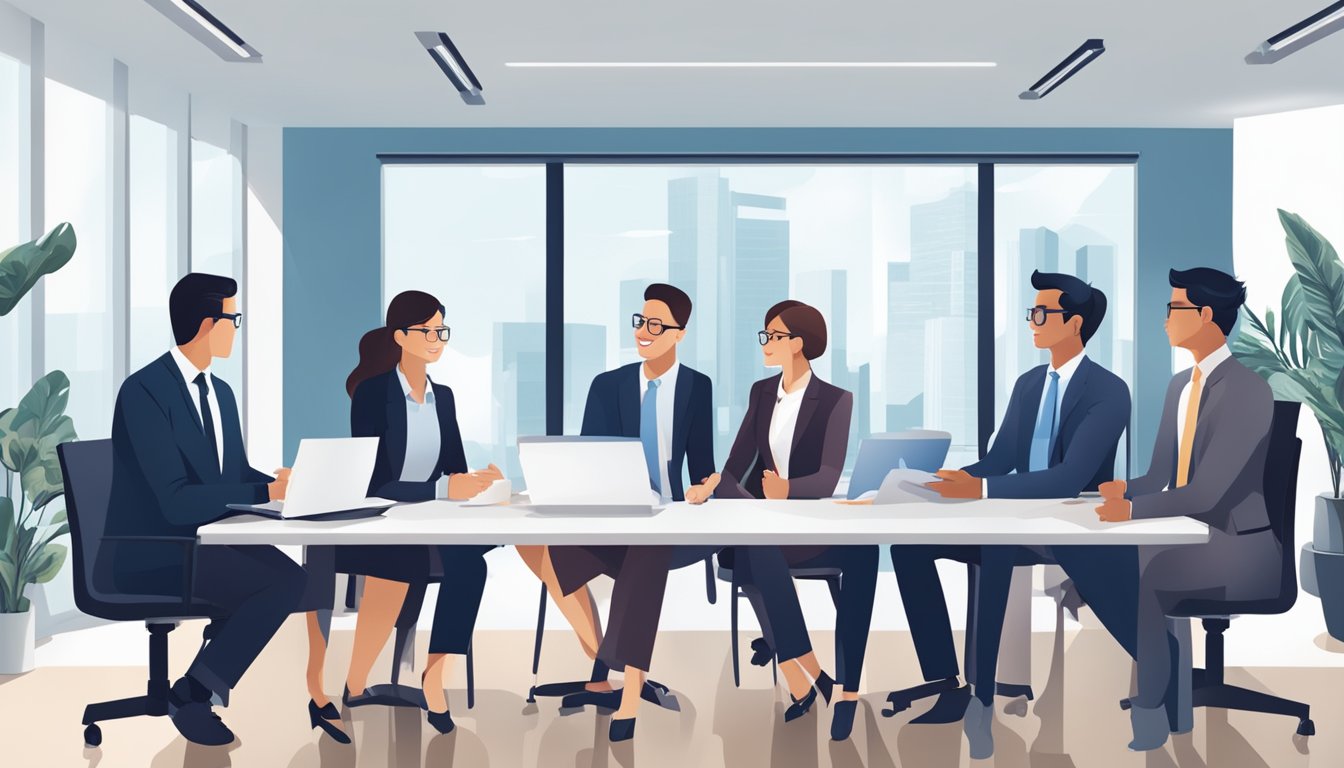 A group of business professionals sit around a table in a modern office, discussing and reviewing the application process for a Singapore business loan, emphasizing equity and fairness