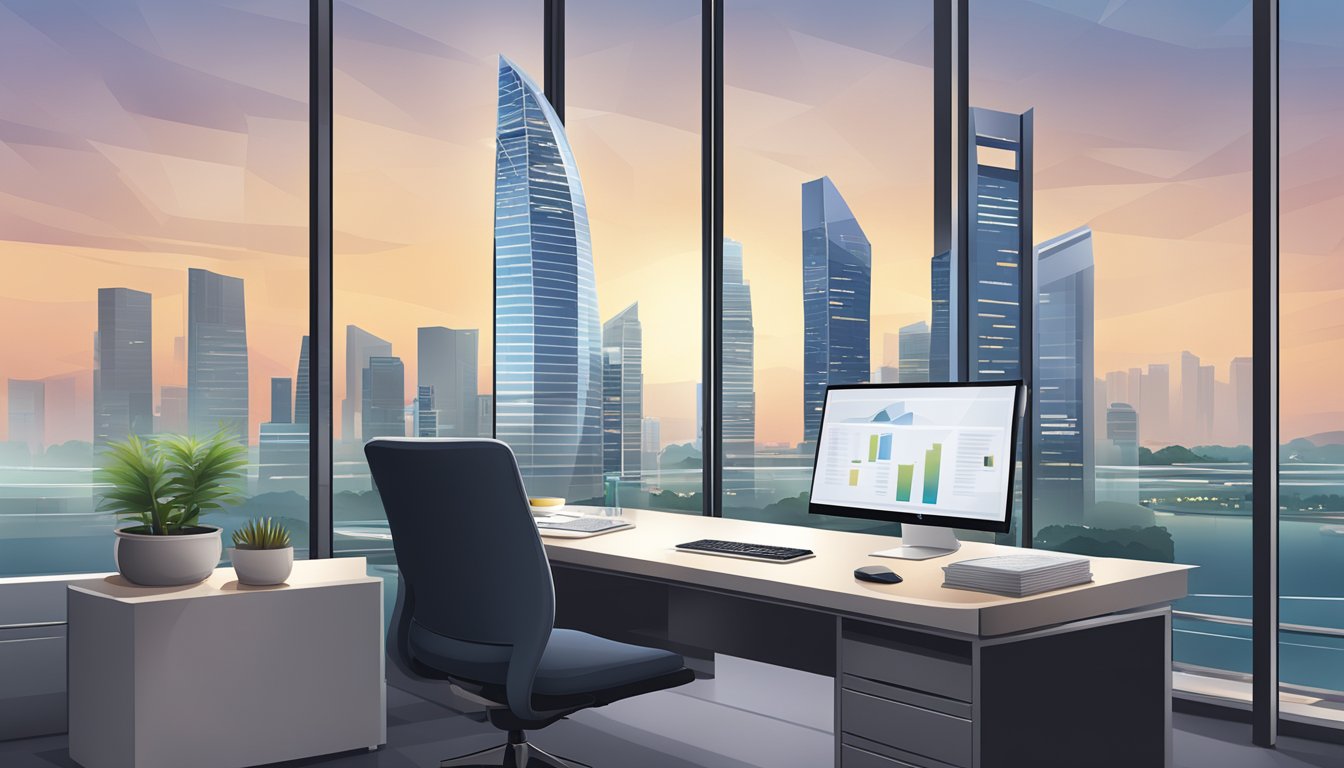A modern office setting with a sleek desk, computer, and business documents. The Singapore skyline visible through a window