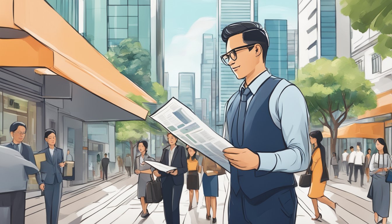 A bustling Singapore street with modern office buildings, a bank, and a small business owner confidently presenting documents to a loan officer