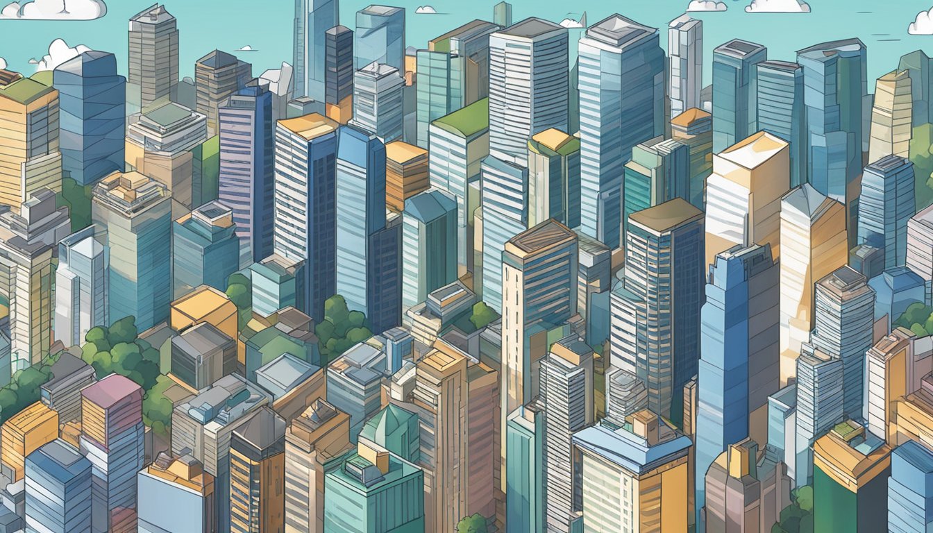 A bustling Singapore business district with modern office buildings and financial institutions, representing the equity and loan review conclusion
