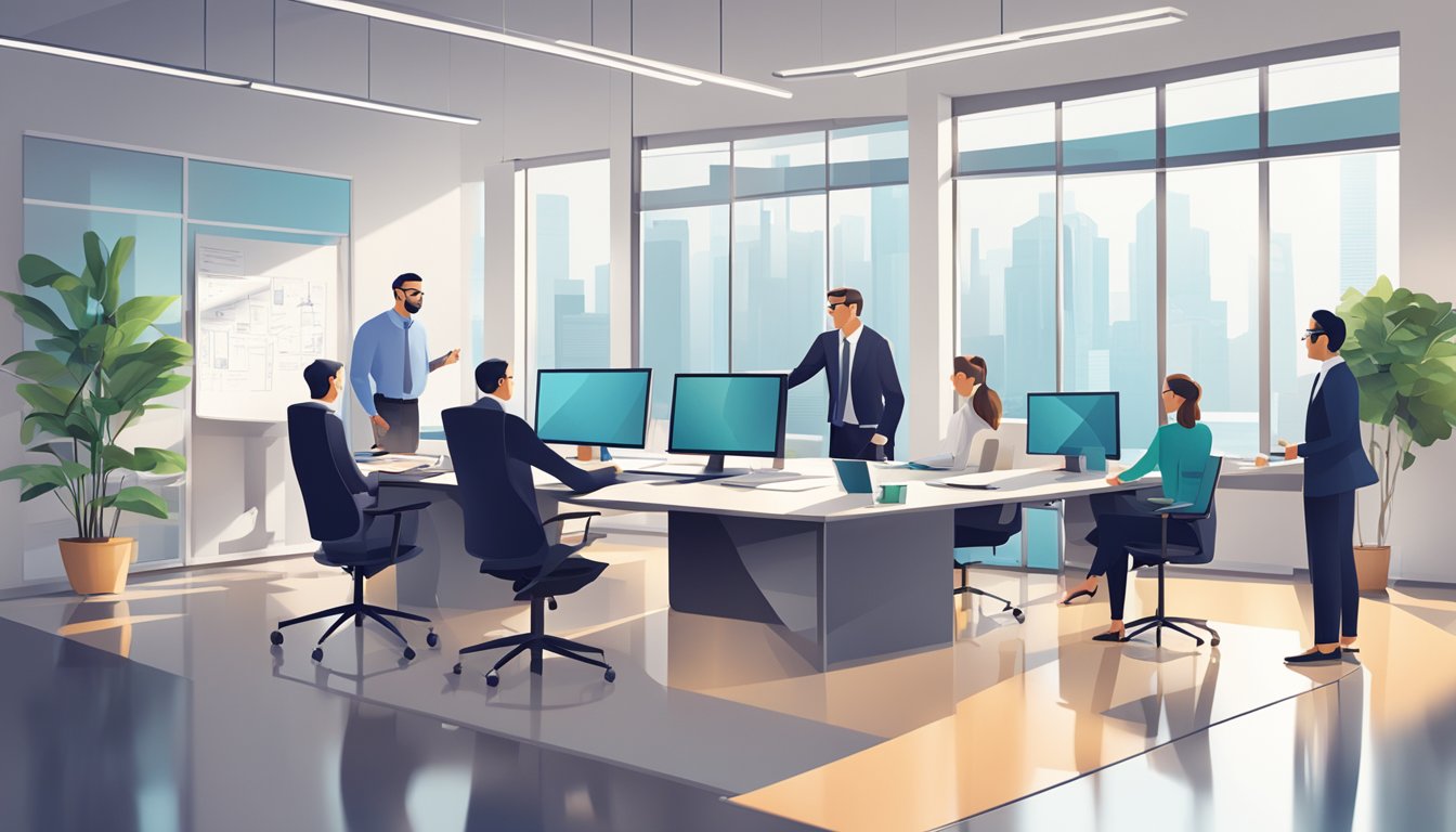 A sleek, modern office setting with professionals discussing business plans and financial documents scattered across a conference table