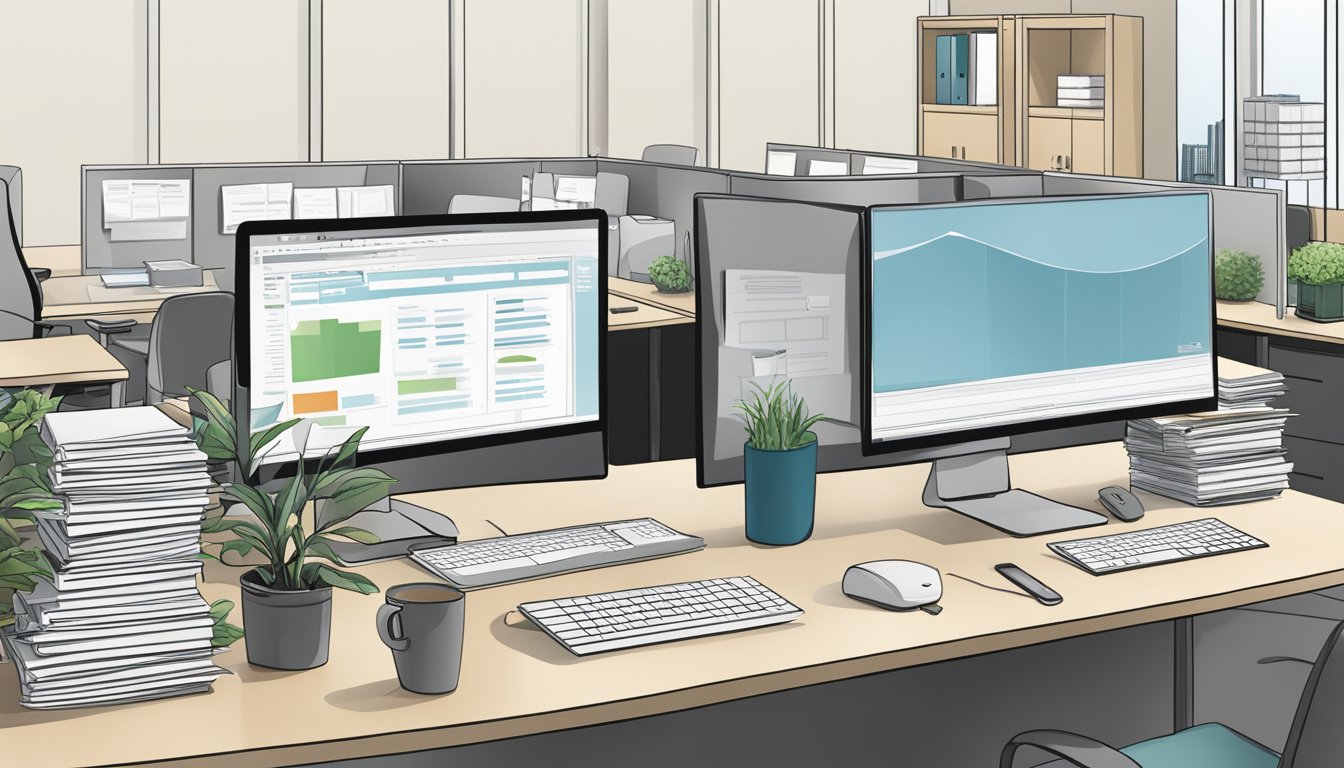 An office setting with a computer screen displaying RHBGroup.com.sg Business Loan SG Review. Desk cluttered with papers and a phone