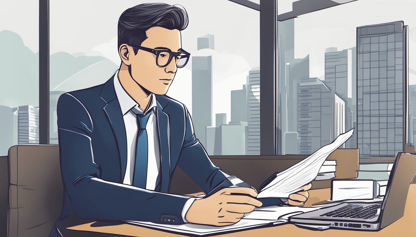A businessman reviewing eligibility criteria on RHBGroup.com.sg for a business loan in Singapore