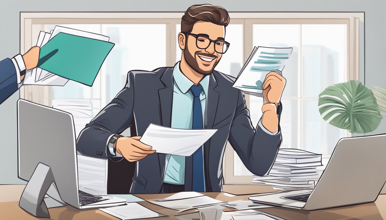 A businessman submitting documents online, receiving approval notification, and celebrating success