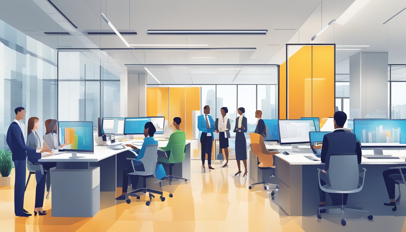 A vibrant, modern office setting with a diverse group of professionals discussing and analyzing RHBGroup.com.sg business loan options. The atmosphere is professional and dynamic, with a focus on collaboration and innovation