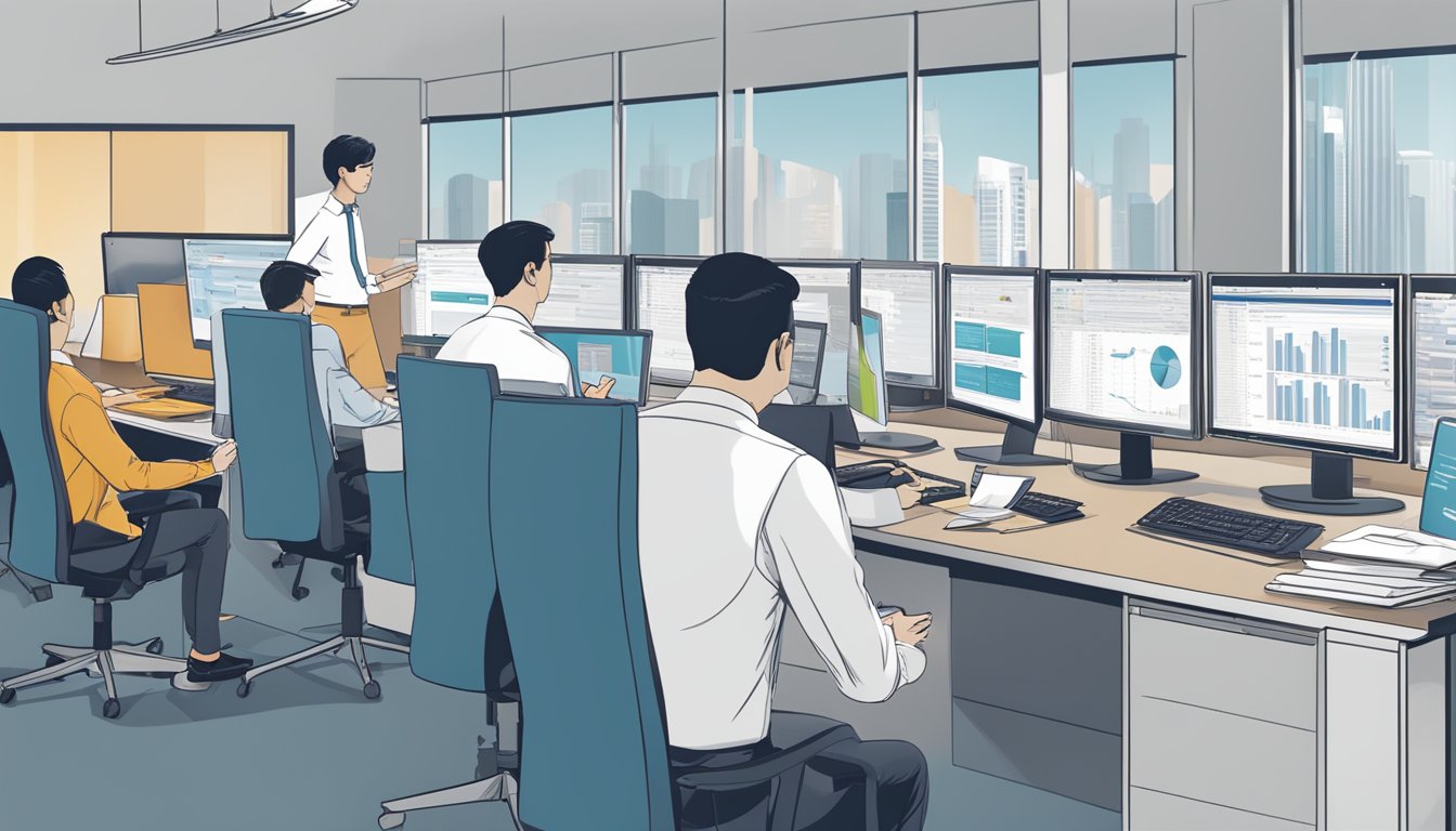 A group of business professionals examining RHBGroup.com.sg's loan terms, while competitors' websites are displayed on a computer screen for comparison