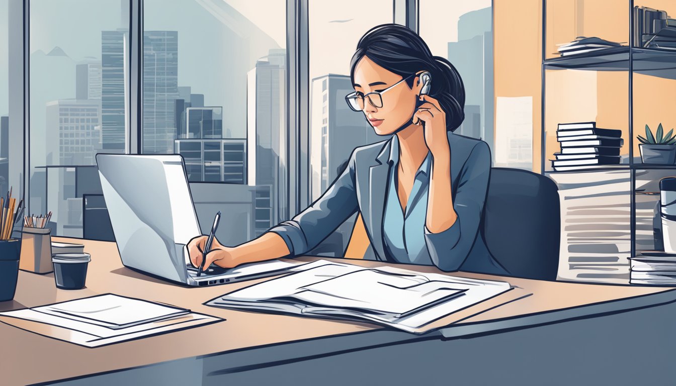 A businesswoman sits at her desk, reviewing RHBGroup.com.sg Business Loan SG. Papers and a laptop are spread out in front of her, as she carefully considers the details