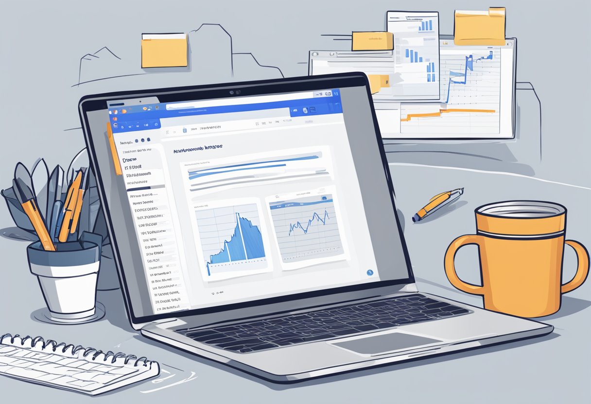 A laptop displaying the Ahrefs website with a tutorial on "Cómo usar Ahrefs" open. A notepad and pen sit nearby for taking notes