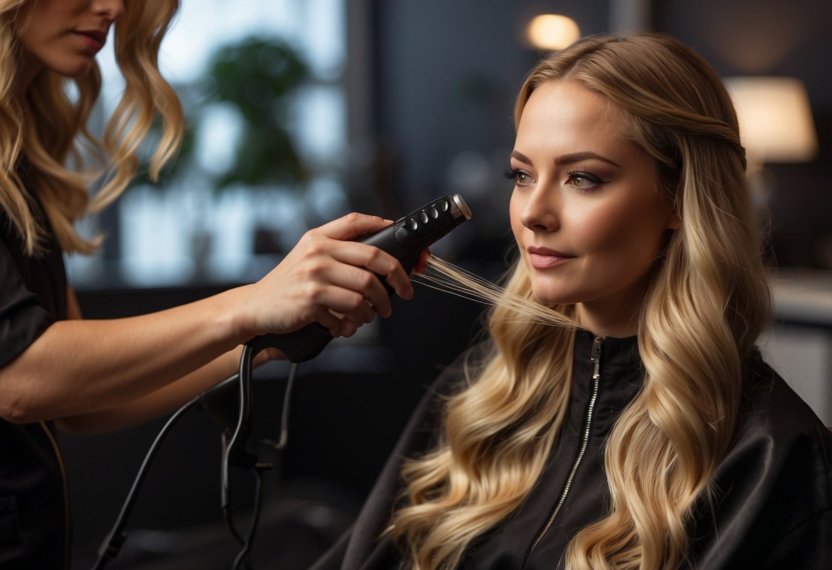 A stylist applies fusion hair extensions, using a heated tool to bond the extensions to the natural hair strands