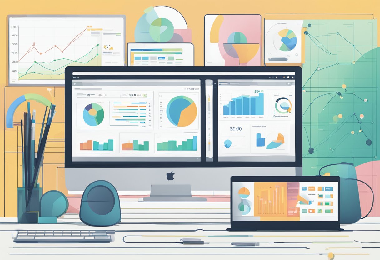 A computer screen displaying technical SEO analysis tools, with a comparison between free and paid options. Graphs and data visualizations are present