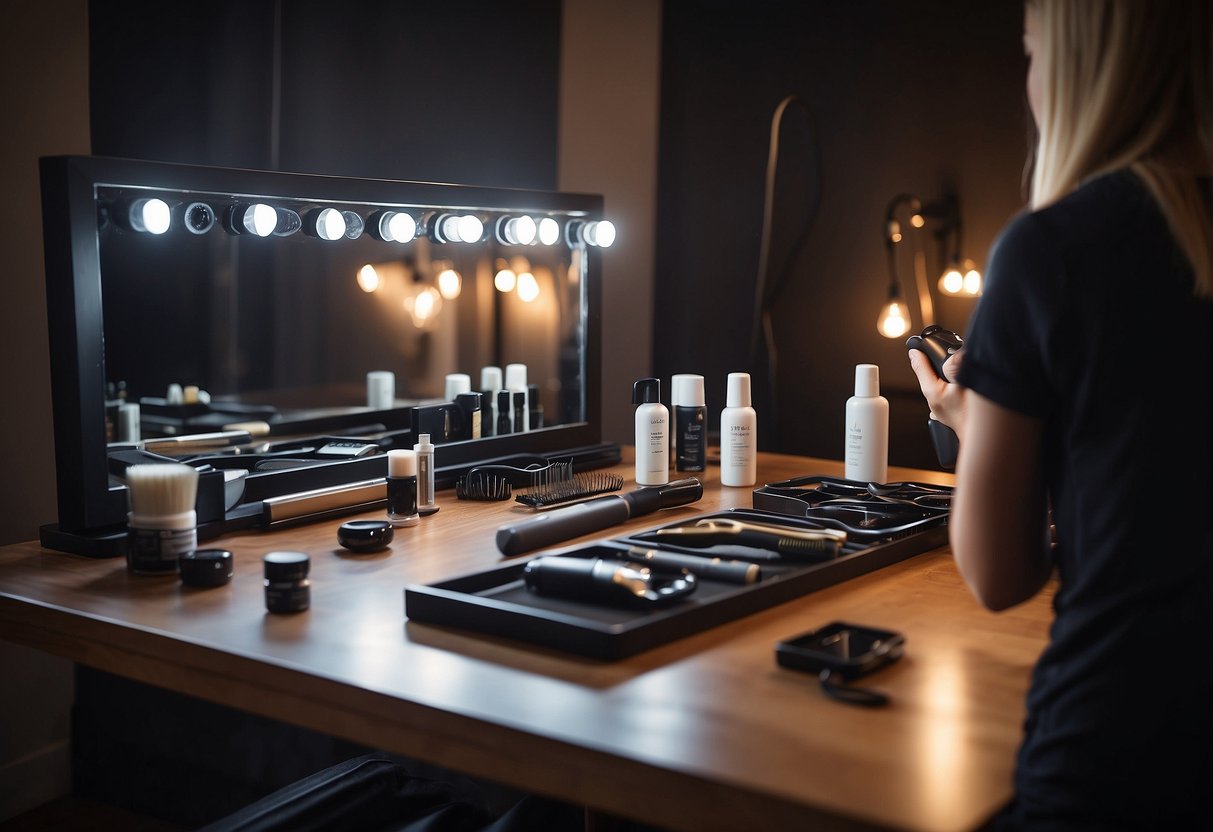 A table with hair extension tools and products, step-by-step instructions displayed on a screen, and a person's reflection in a mirror