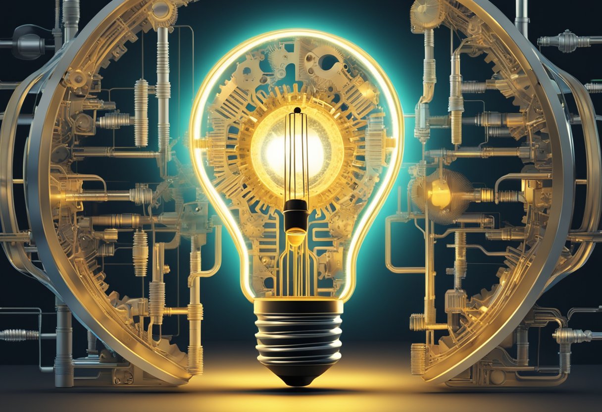 A glowing light bulb surrounded by gears and interconnected circuits, symbolizing the concept and importance of EEAT