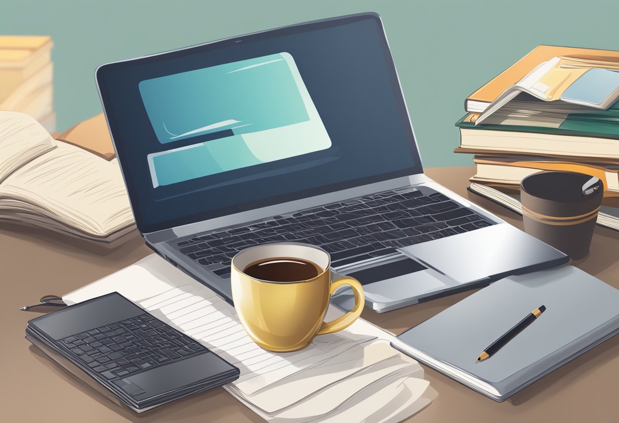 A table with a laptop, notebook, and pen. A stack of books in the background. A cup of coffee next to the laptop