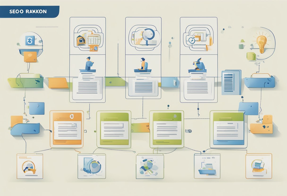 An illustration of SEO classification process: crawling, indexing, and ranking. No human or body parts