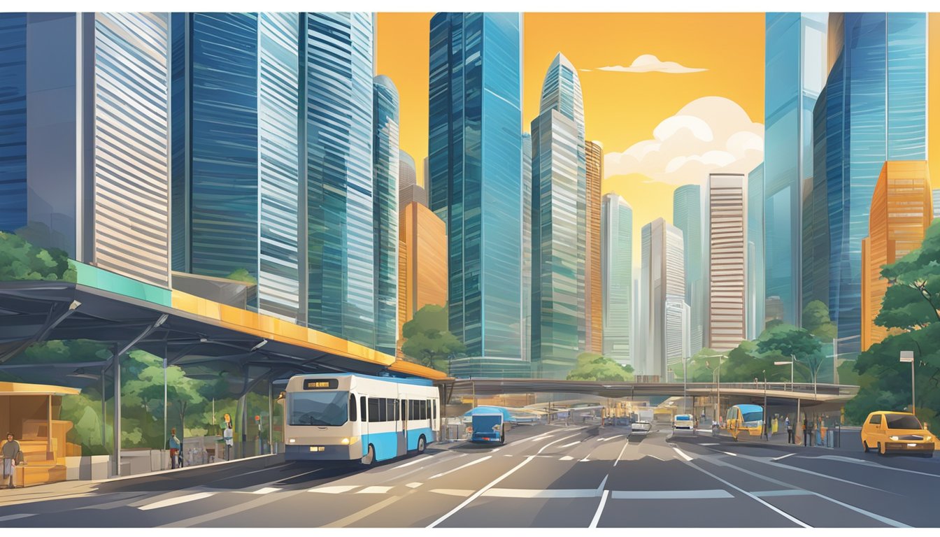A bustling cityscape with modern skyscrapers and a vibrant financial district, with the iconic skyline of Singapore in the background
