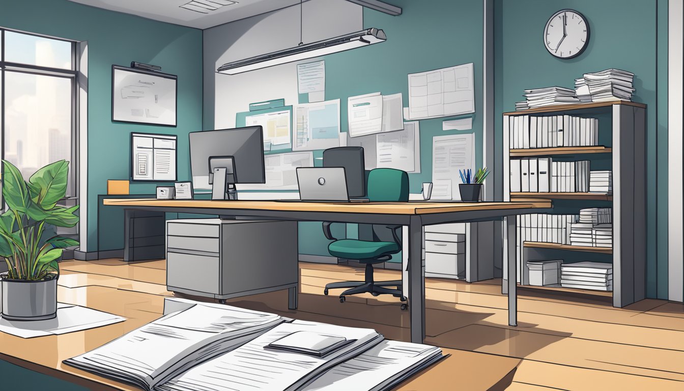 A modern office setting with a desk, computer, and business documents. A sign with "Finnzcapital" and "Business Loan SG Review" prominently displayed