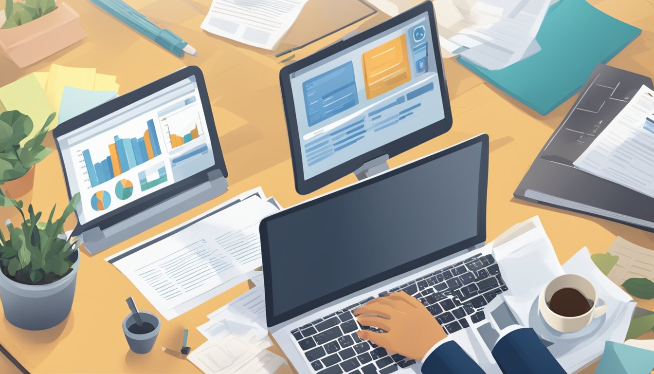 A person sits at a desk, comparing loan offers on a laptop screen. Papers and a calculator are scattered around, with a cup of coffee nearby