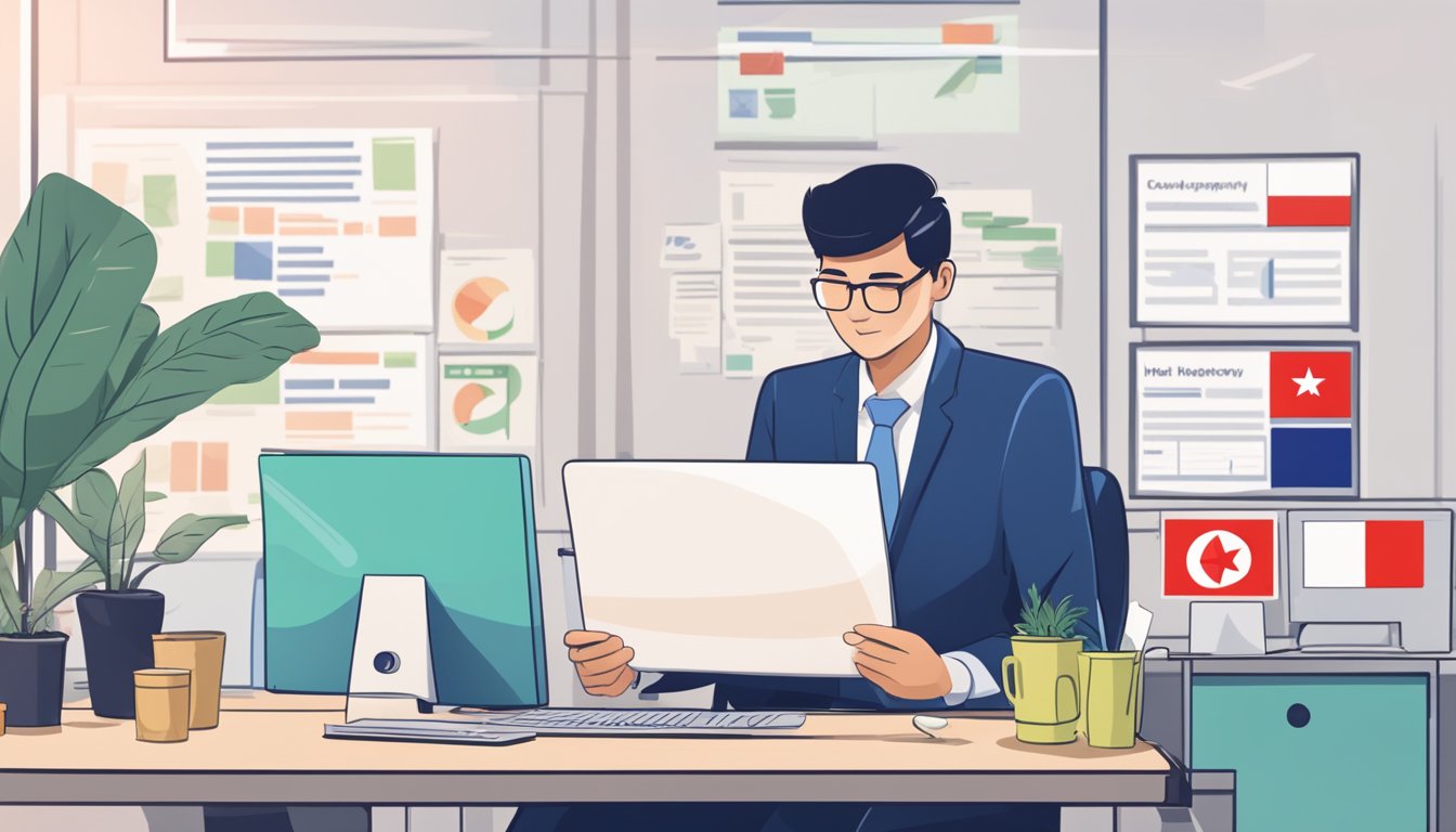 A business owner sits at a desk, reviewing loan eligibility criteria on a computer screen, while a Singaporean flag hangs on the wall behind them