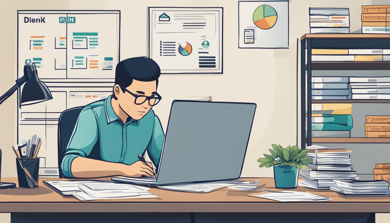 A business owner sits at a desk, filling out an application form for a Finnzcapital Singapore business loan. The desk is cluttered with financial documents and a laptop, while a sign on the wall displays the company's logo