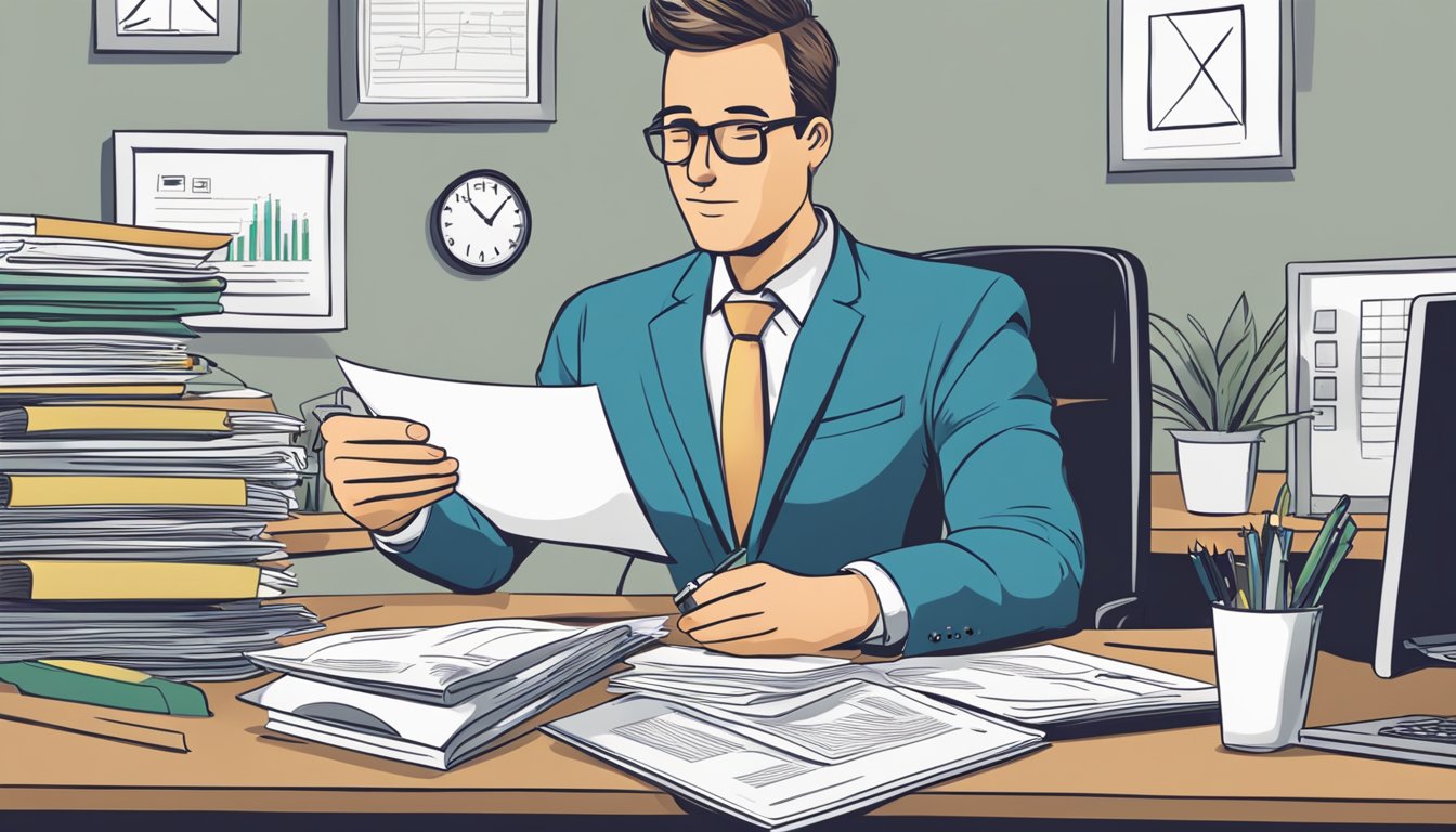 A businessman sits at a desk, reviewing paperwork for a business loan. A calculator and laptop are open, showing financial figures. A sign on the wall reads "Practical Tips for Business Loan Applicants."