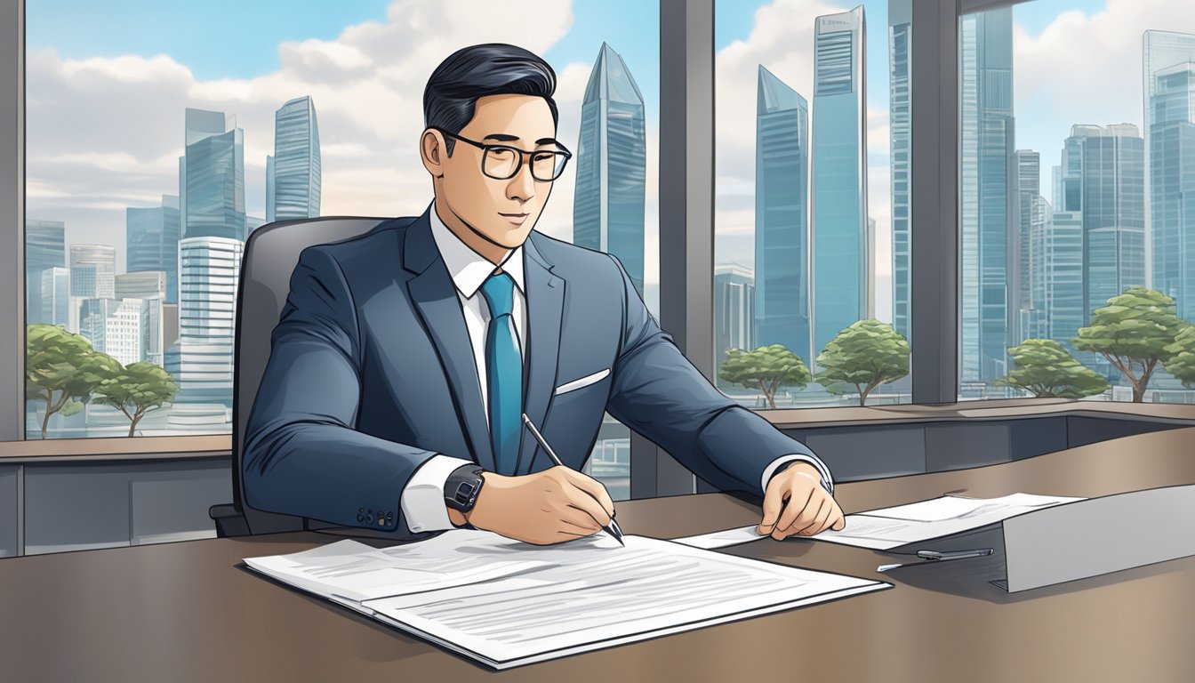 A businessman in a suit signs a contract at a desk, with a Singapore skyline in the background
