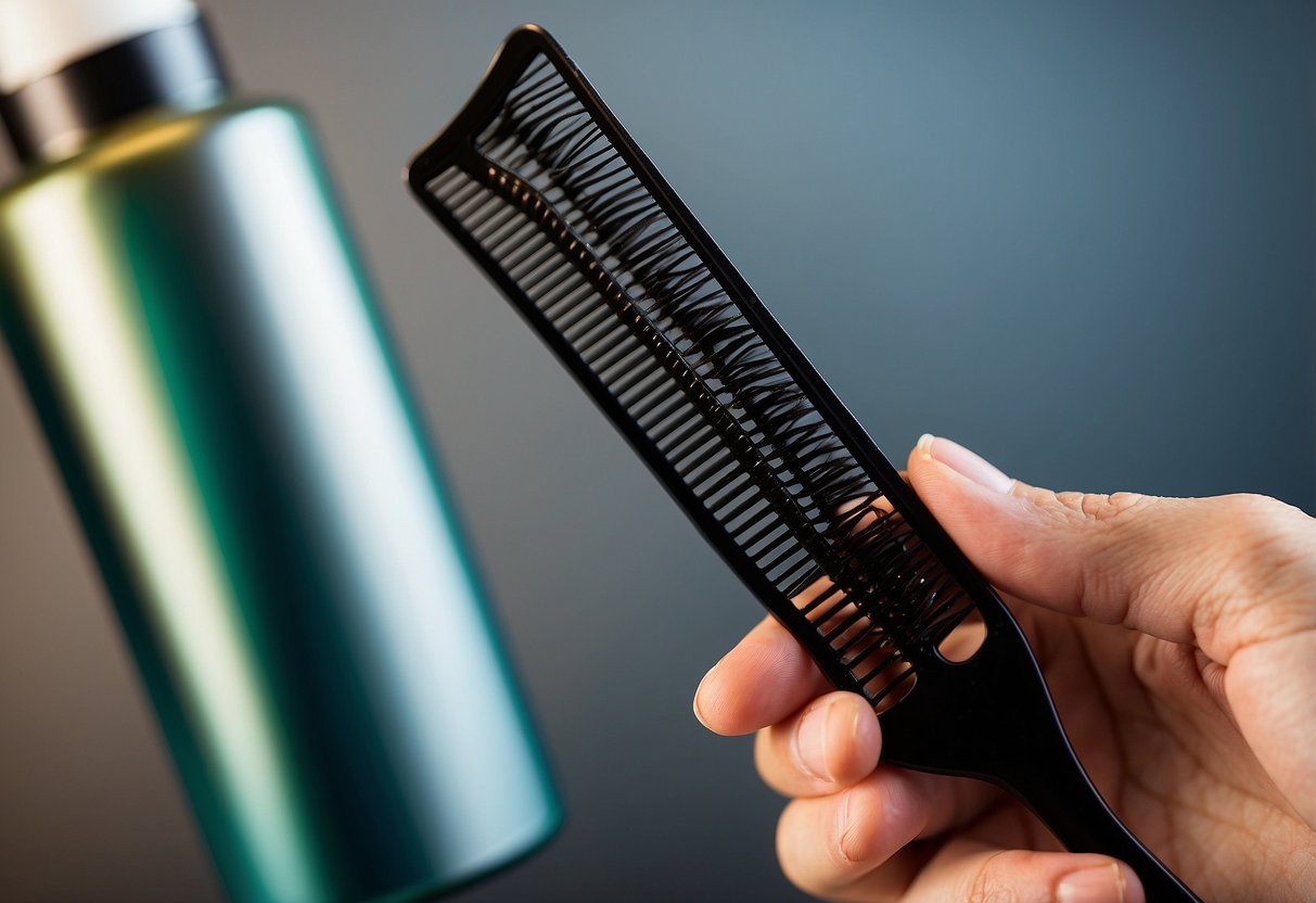 A hand holding a micro-loop extension with a small section of hair attached, next to a bottle of extension-friendly shampoo and a wide-tooth comb