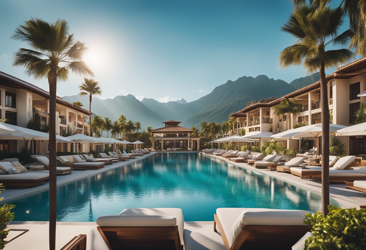 A sprawling beach resort with palm trees, luxurious villas, and a sparkling pool. The backdrop features a stunning mountain range and a clear blue sky