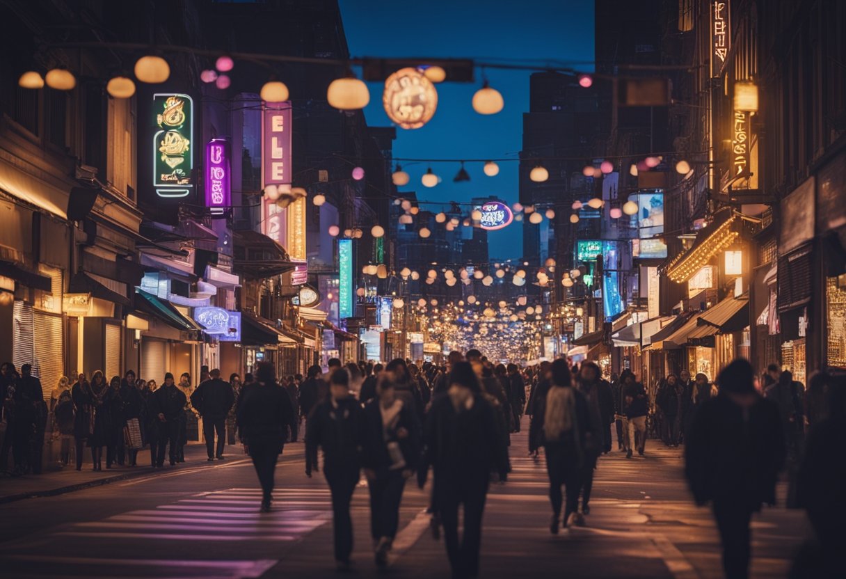 A bustling city street at night, neon lights illuminate bars, clubs, and theaters. People stroll, music fills the air, and laughter echoes through the lively scene