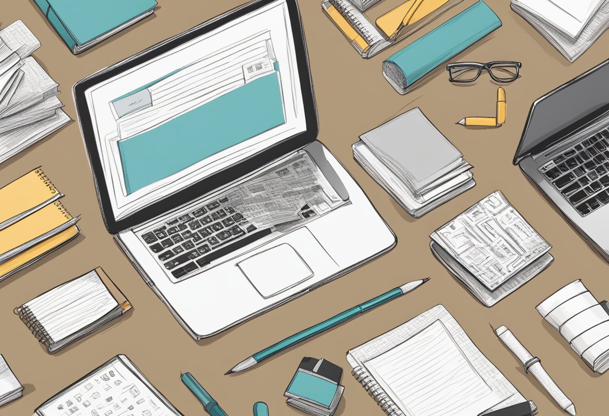 A laptop surrounded by SEO tools, books, and a notepad with website sketches