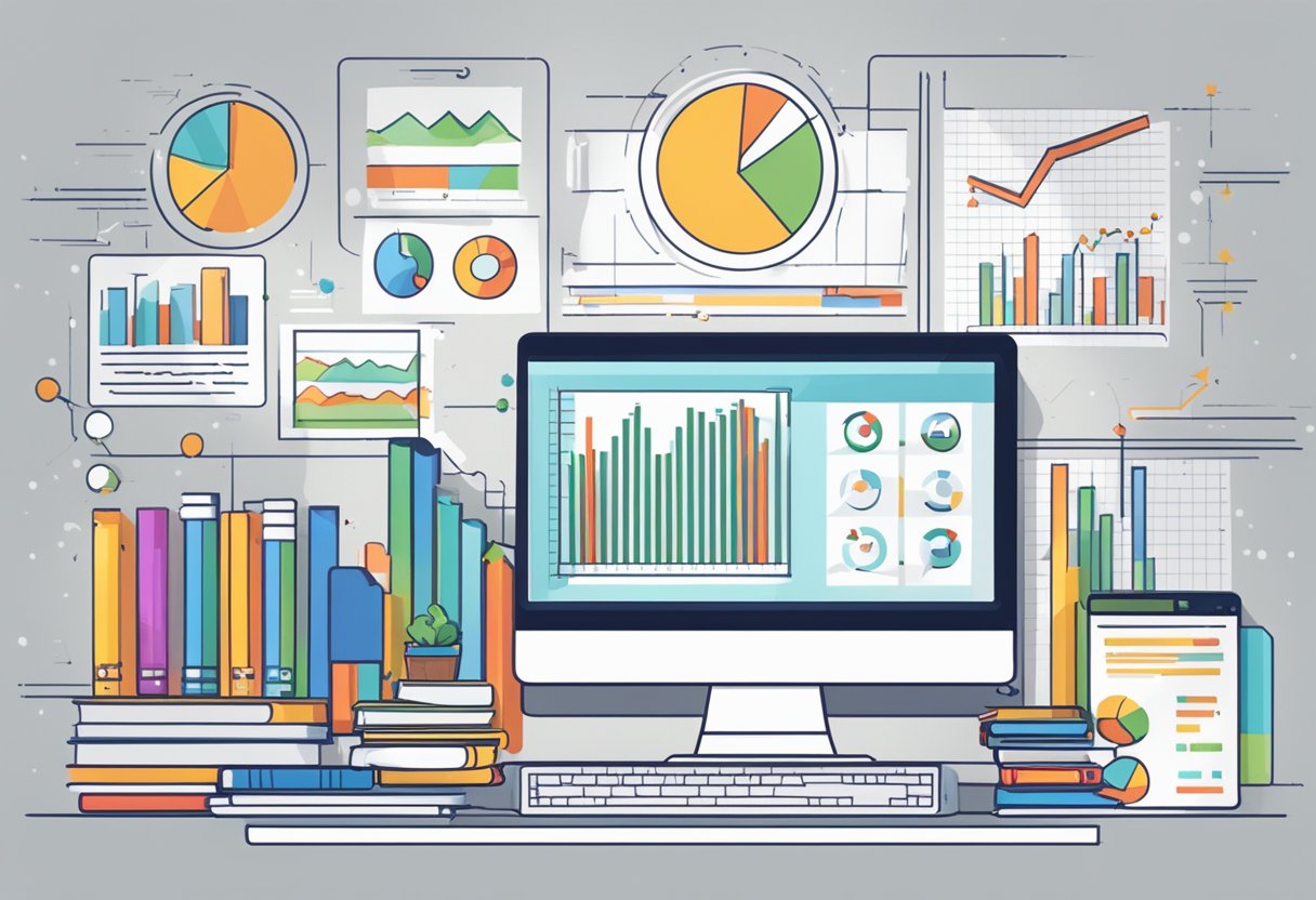 A computer screen displays SEO performance data with charts and graphs, surrounded by books on SEO for beginners