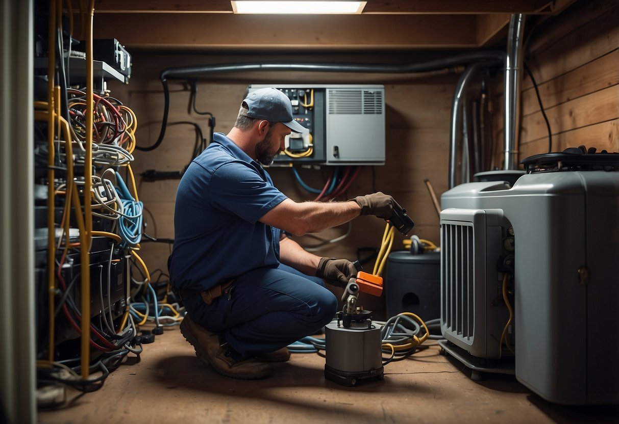 An HVAC technician performing routine maintenance on a system in a residential basement, surrounded by various tools and equipment