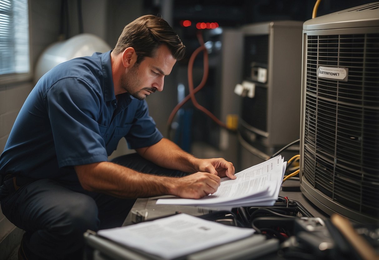 An HVAC technician performing maintenance on a commercial HVAC system in Atlanta, surrounded by financial and legal documents