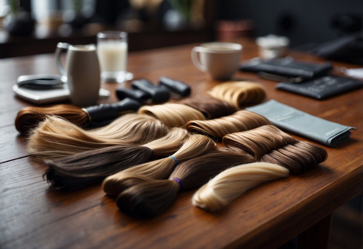 A table with various clip-in hair extensions, next to a list of pros and cons