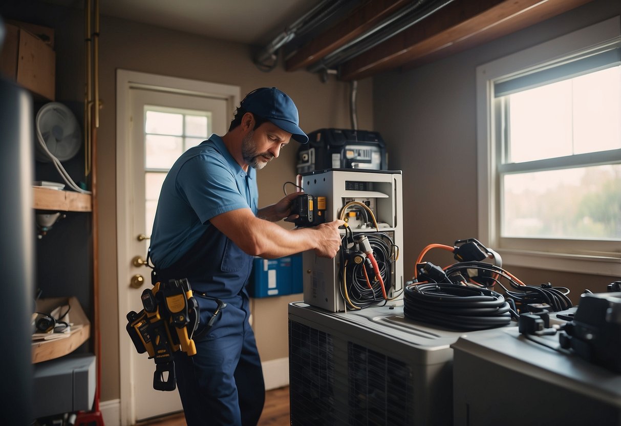 A technician performing routine HVAC maintenance on a system in an Atlanta home, surrounded by tools and equipment