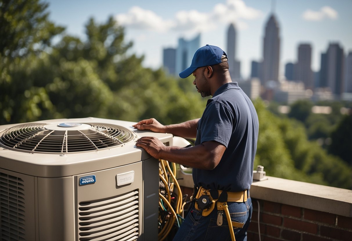 An HVAC technician performing maintenance on an Atlanta home's air conditioning unit, with the city skyline in the background