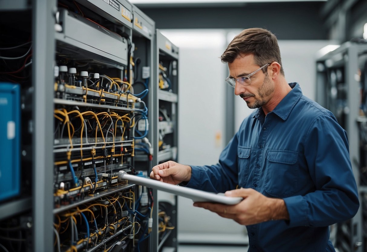 A technician inspects HVAC components, cleans filters, and checks for leaks. Tools and equipment are neatly organized nearby. The system is positioned in a well-lit and spacious mechanical room