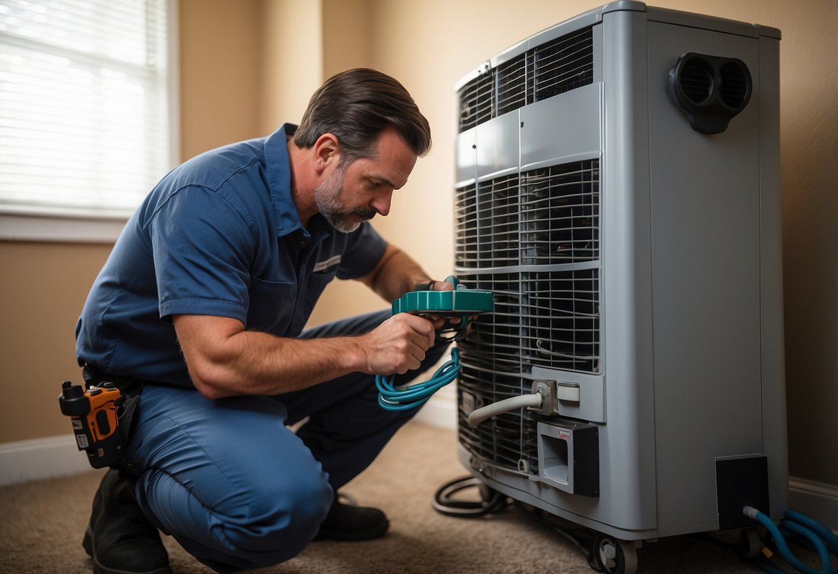 A technician performing routine HVAC maintenance in an Atlanta home, checking filters and inspecting equipment for optimal indoor comfort