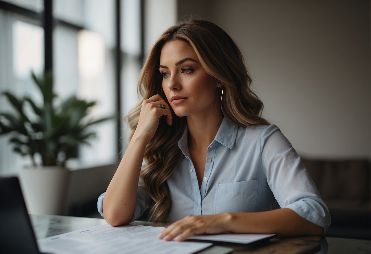 A woman sits at a table, weighing the pros and cons of clip-in hair extensions. On one side, she has a list of benefits, while on the other, she has a list of drawbacks. She looks contemplative as she considers her options