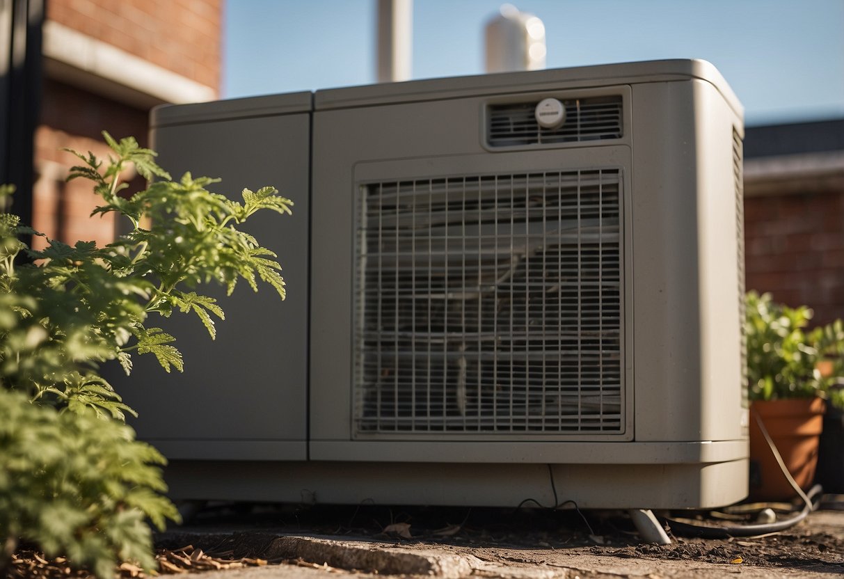 The scorching Atlanta sun beats down on an HVAC unit, surrounded by wilted plants and cracked pavement, highlighting the necessity of regular maintenance in the unforgiving climate