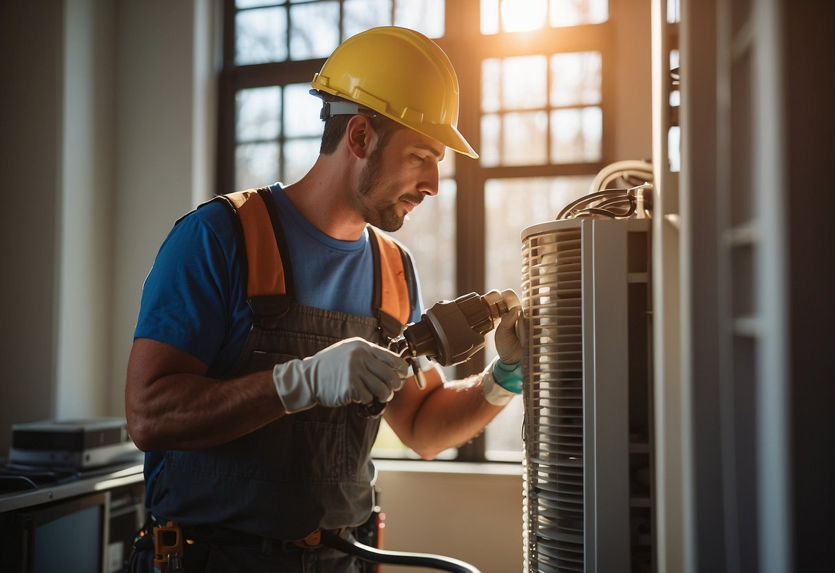 A technician inspecting and cleaning HVAC system in an Atlanta home. Tools and equipment scattered around the unit. Bright sunlight streaming through the window