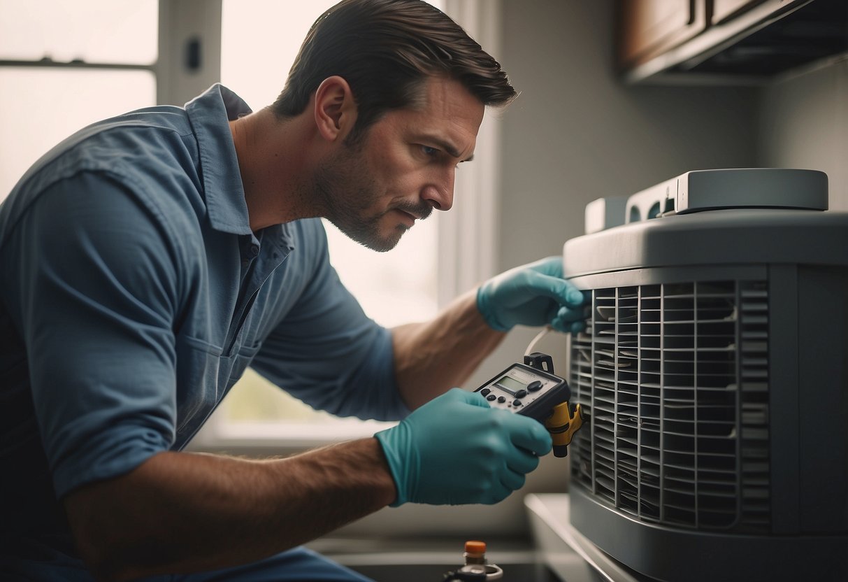 A technician performing routine HVAC maintenance in an Atlanta home, checking filters and inspecting equipment for optimal performance