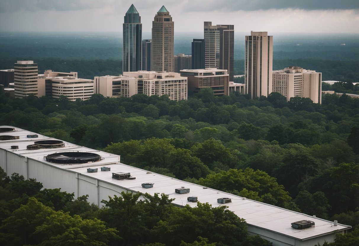 A hot and humid Atlanta skyline with HVAC units on every building, surrounded by lush green trees and the occasional rainstorm