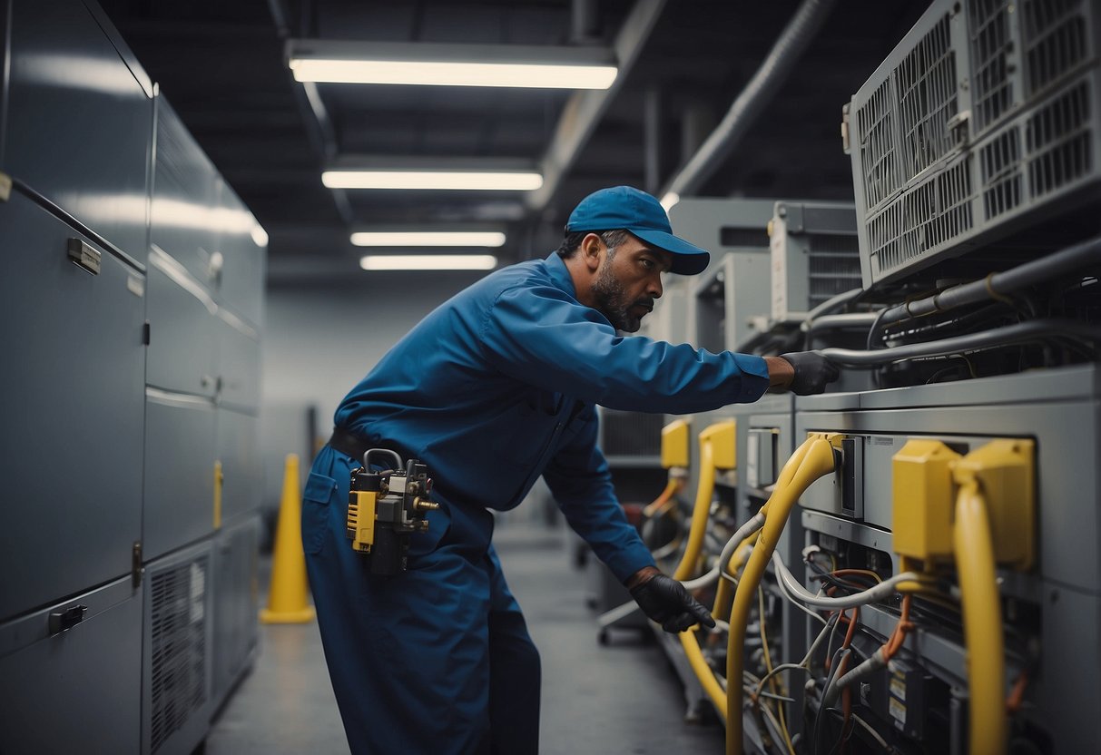 HVAC technician inspecting and cleaning Atlanta's unique HVAC systems in a commercial building. Special attention to air quality and humidity control